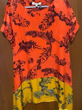 Elizabeth&James Red-Yellow-Black Antique Floral Pattern Silk Asymmetrical Dress
